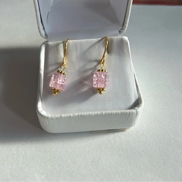 3/$20 Light Pink Square Crystal Ornate Gold Plated Dangling Drop Earrings - Picture 1 of 3